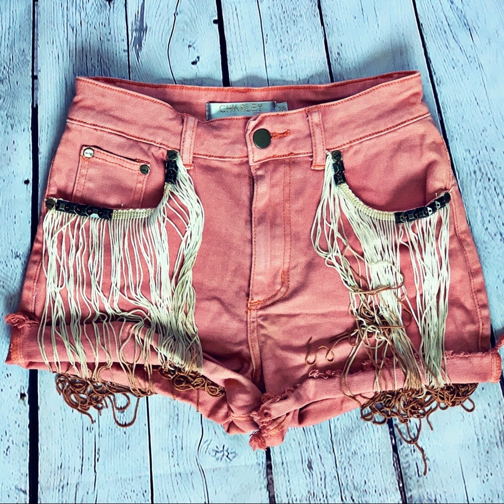 Nasty Gal Cut Off Denim Shorts, Coral, 26